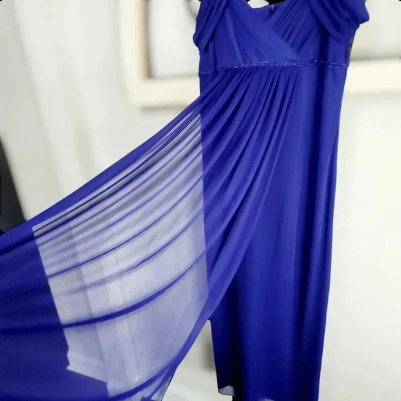 Alex Evenings Indigo Cold Shoulder Beaded A-line Dress Sz 14 - Picture 3 of 8